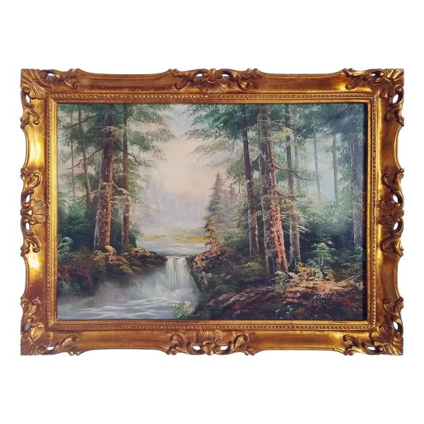 Öl auf Leinwand Handgemalt 45x70 cm Landschaft mit Wasserfall Hergestellt in Italien