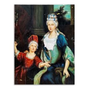Handgeschilderd Olie Op Doek 40x30 cm Dame en Kind Rococo Stijl Made in Italy