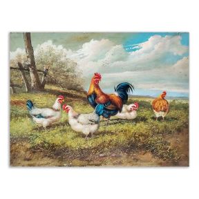 Handgeschilderd Olie op Paneel 40x30 cm Haan en Hennen Pluimveestal Made in Italy
