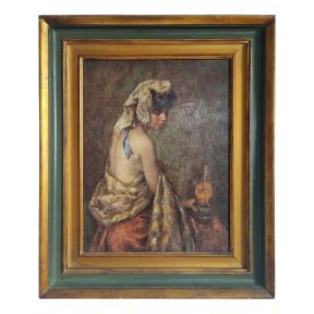 Hand-Painted Oil on Canvas 30x40 cm Woman with Lantern Made in Italy