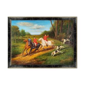 Hand-Painted Oil Painting on Canvas Frame 70x50 cm Hunting Group Made in Italy
